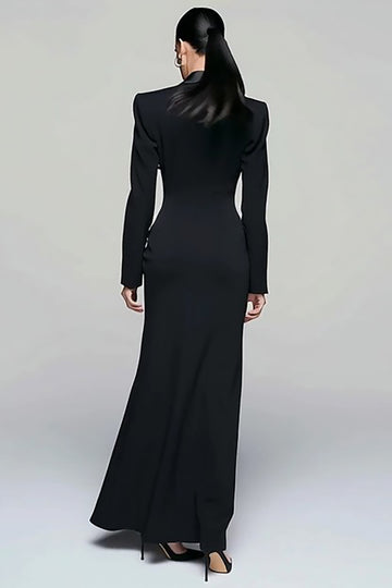 Black Peak Lapel Double Breasted Blazer Dress With Slit